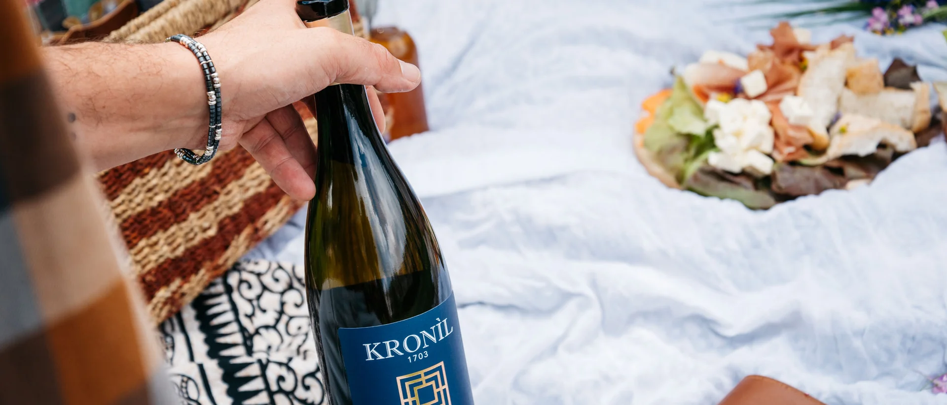 Tutto il divertimento di un hotel sul Monte Baldo Mano che tiene una bottiglia di vino durante un picnic su una coperta bianca