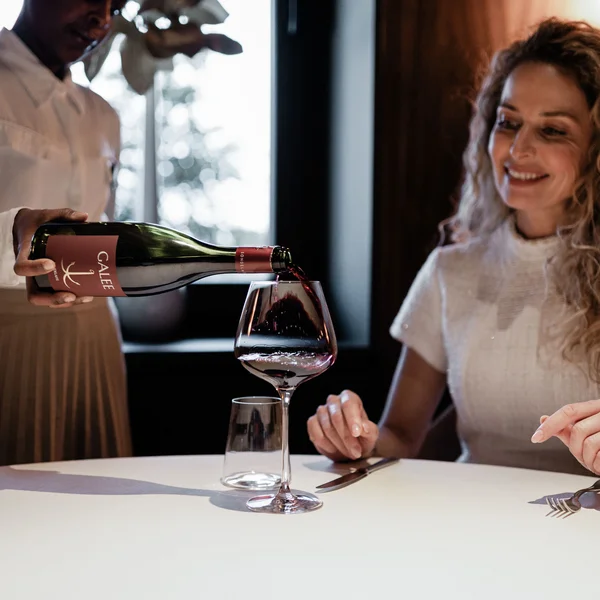 Le foto dell’Elgus Nature Retreat Cameriera versa vino rosso in un bicchiere per una donna sorridente al ristorante