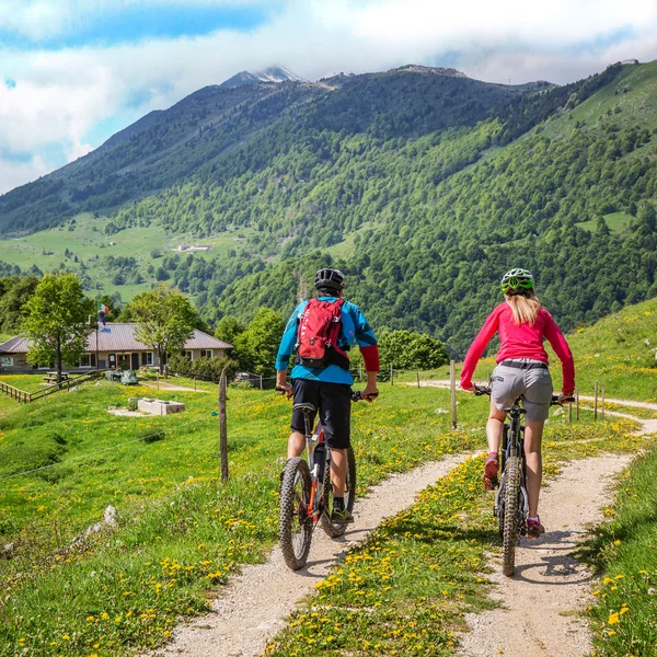 Le foto dell’Elgus Nature Retreat Due ciclisti su un sentiero di montagna fiorito con una baita in lontananza