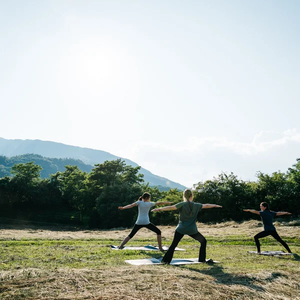 Le foto dell’Elgus Nature Retreat Tre persone fanno yoga all'aperto su un campo con alberi e montagne sullo sfondo