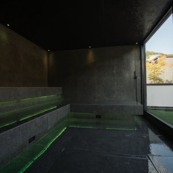 Le foto dell’Elgus Nature Retreat Interno di sauna moderna con panche illuminate e vista sul giardino