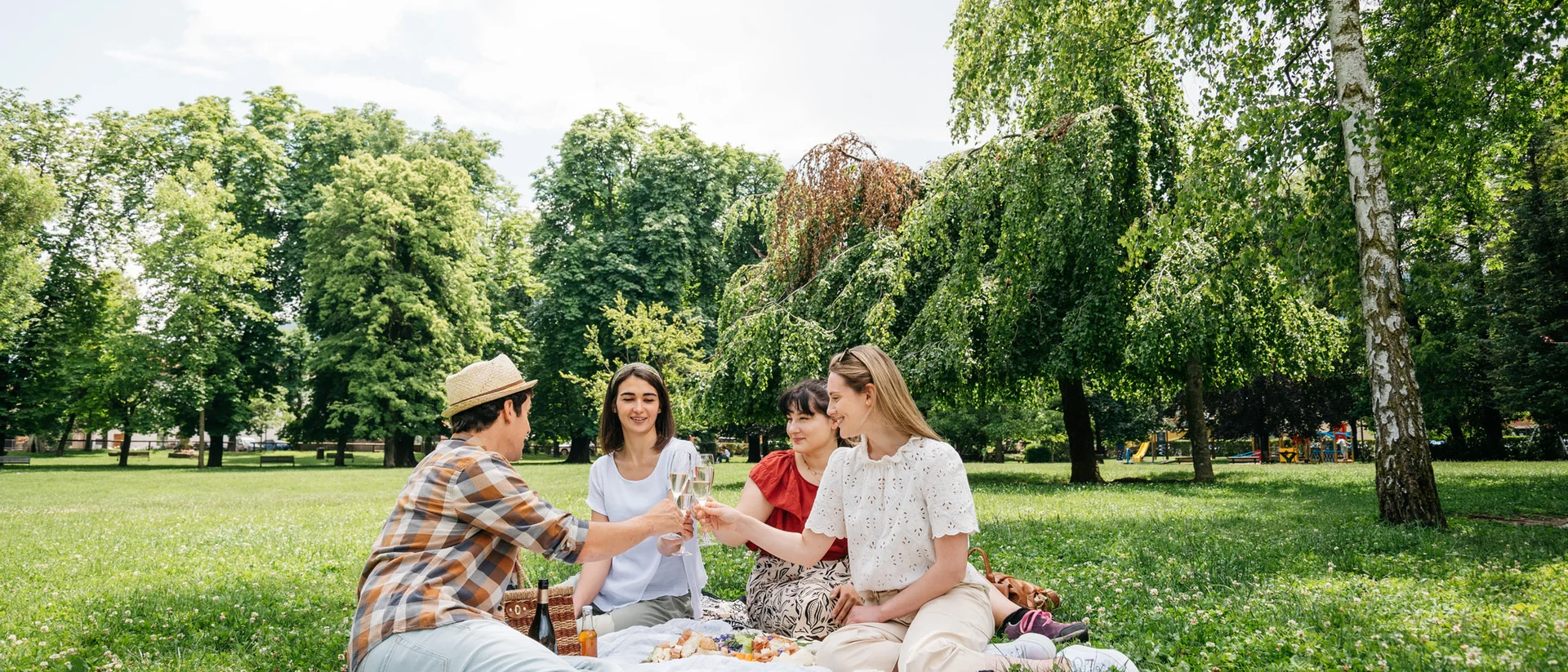 Tutto il divertimento di un hotel sul Monte Baldo Quattro amici fanno un picnic brindando su una coperta in un parco verde