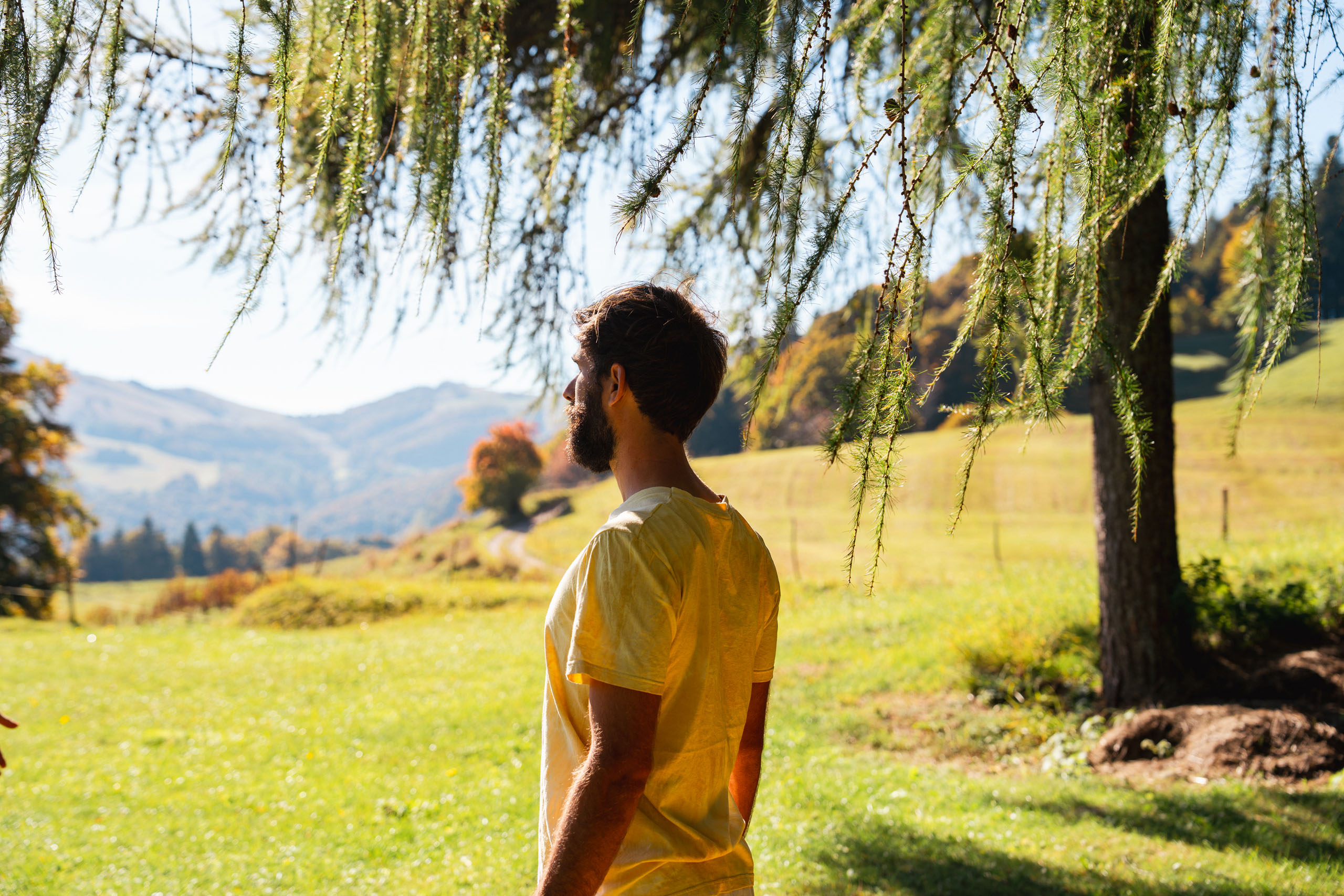 Le foto dell’Elgus Nature Retreat Uomo con maglietta gialla che guarda il paesaggio montano verde durante il giorno