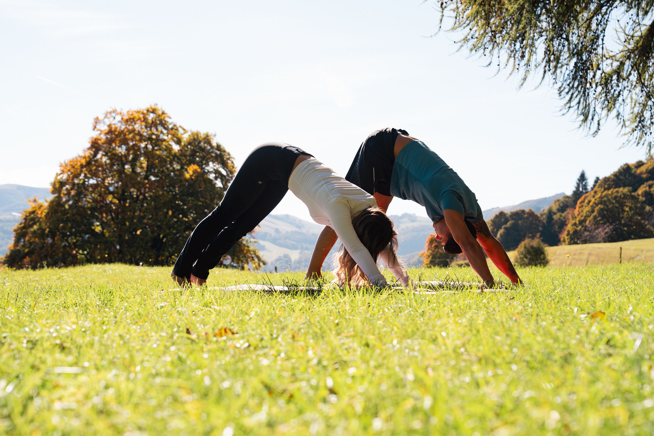 Le foto dell’Elgus Nature Retreat Due persone fanno yoga all'aperto su un prato verde in campagna