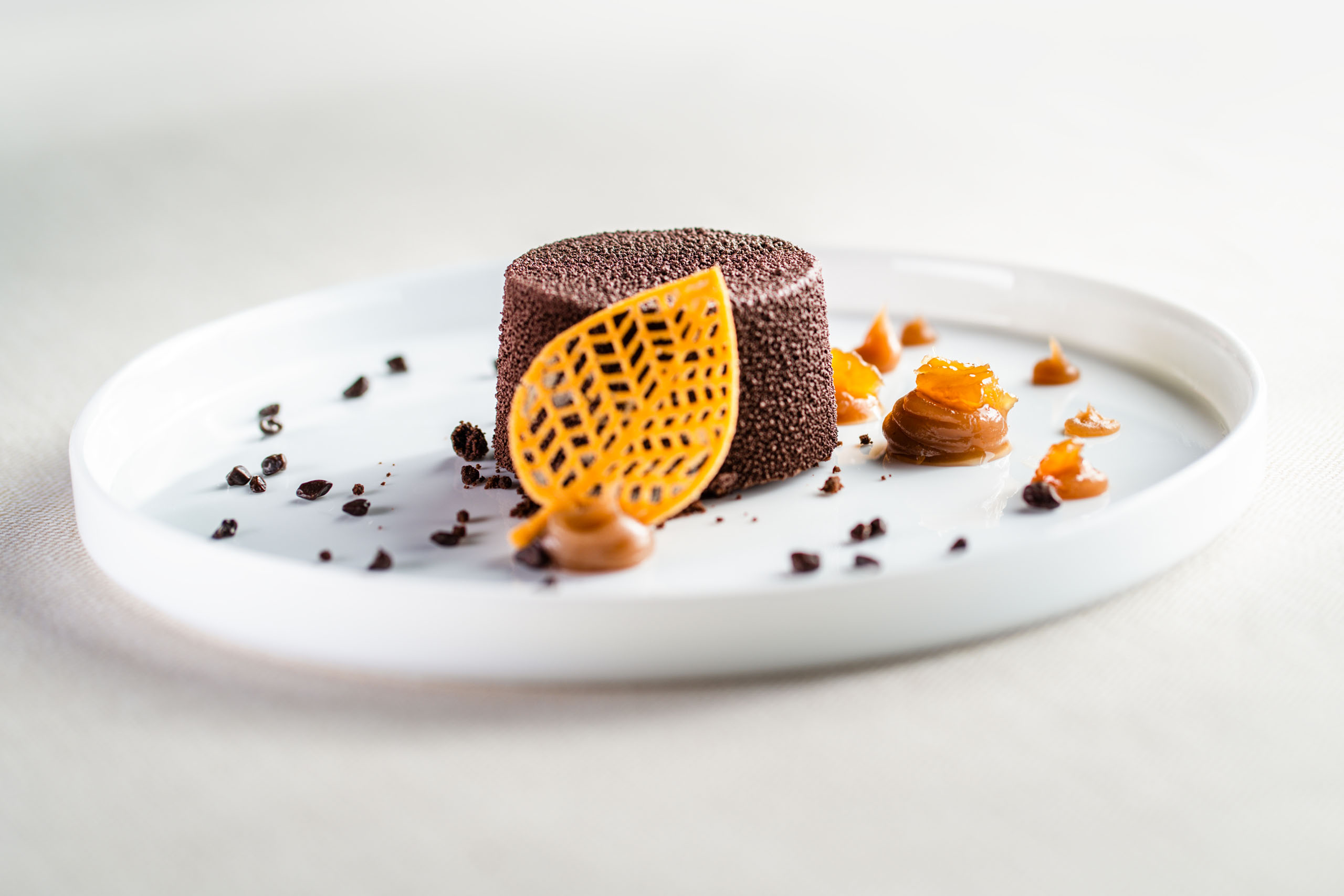 Le foto dell’Elgus Nature Retreat Dessert al cioccolato con decorazione gialla su piatto bianco